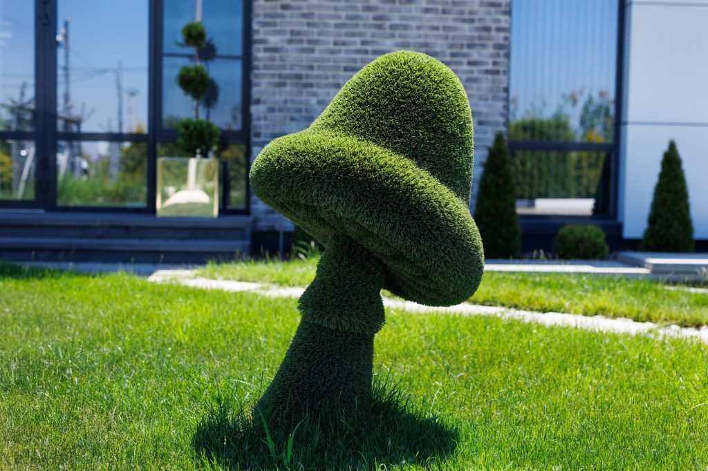 A statue of a mushroom made of lawn grass. Landscape design.